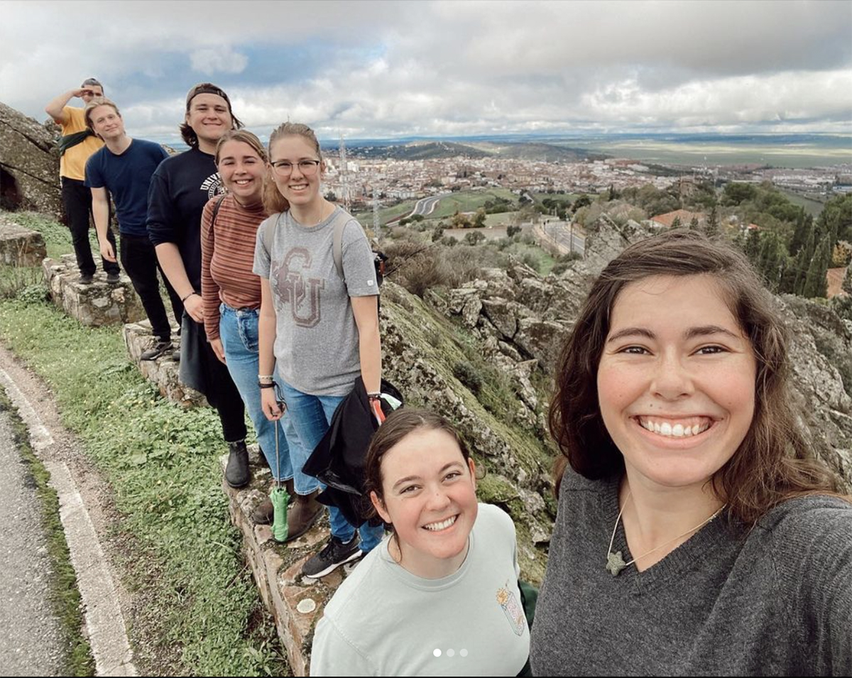 Group of students taking a selfie while studying abroad in caceres