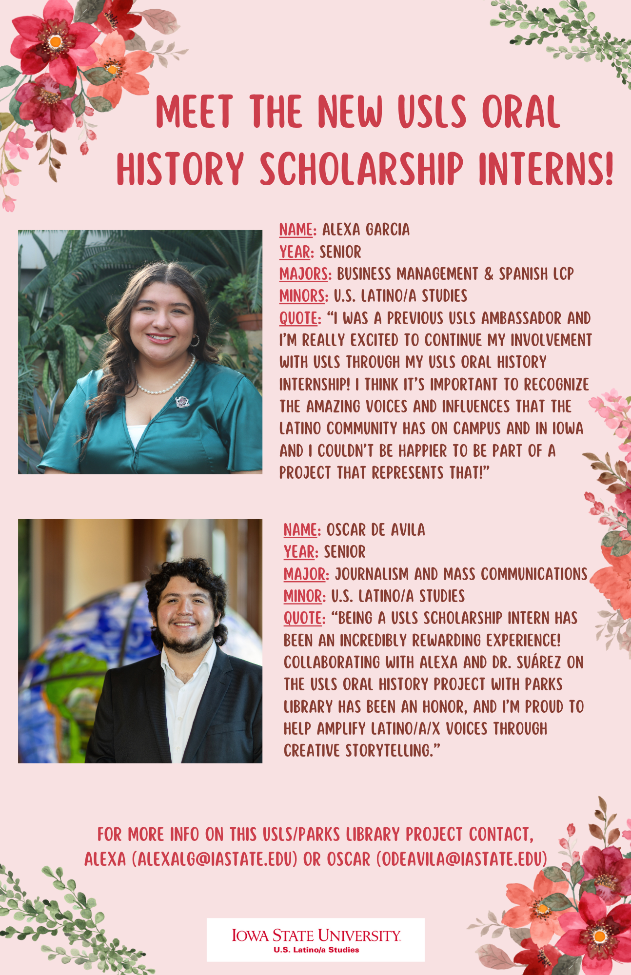 Poster of the new USLS Oral History Scholarship interns Alexa and Oscar